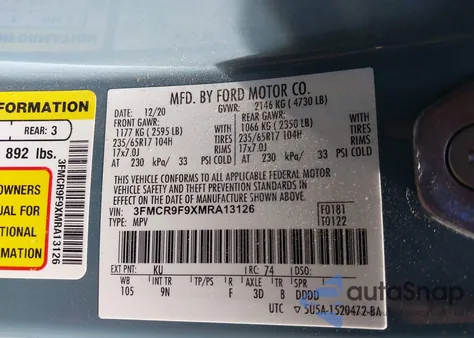 2021 Ford Bronco Sport First Edition z USA, uszkodzony, nr VIN 3FMCR9F9XMRA13126